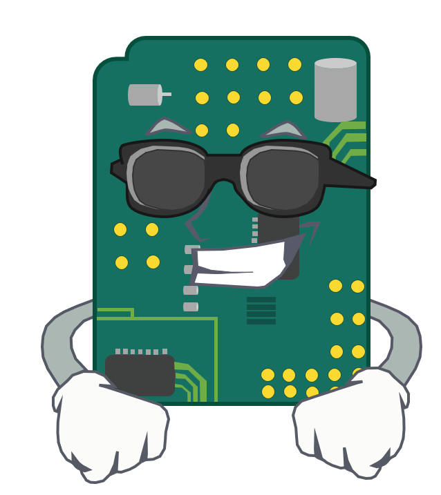 PCB qui est d'une façon cartoon, avec des bras, des lunette et un sourrire.